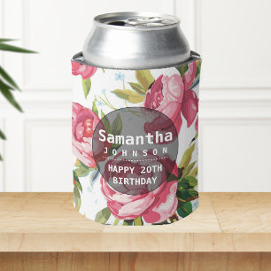 Modern Pink Floral Personalised Birthday Party Can Cooler