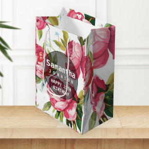 Modern Pink Floral Personalised Birthday Party Medium Gift Bag