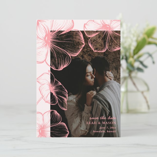 Modern Pink Floral Photo Elegant Wedding Save The Date (Standing Front)