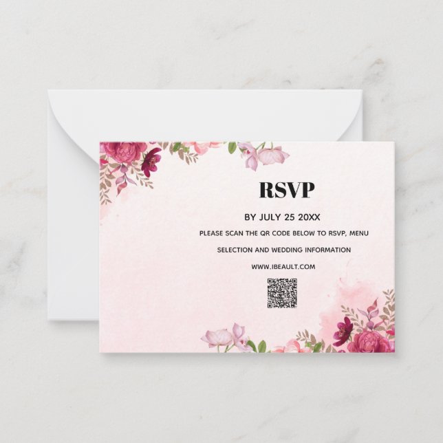 Modern Pink Floral QR Code Wedding RSVP Card (Front)