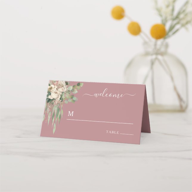 Modern Pink Floral Roses Wedding Place Card (Front)