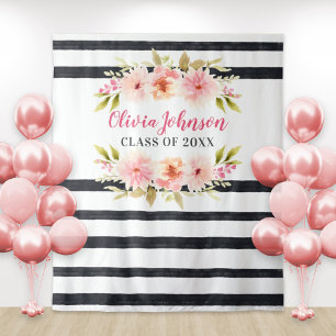Modern Pink Floral Stripes Graduation Backdrop Tapestry