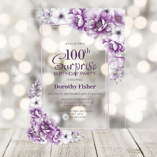 Modern Pink Floral Surprise 100th Birthday Party Acrylic Invitations