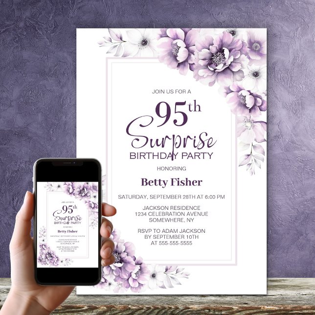 Modern Pink Floral Surprise 95th Birthday Party Invitation (Creator Uploaded)