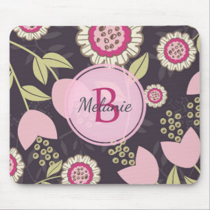 Modern Pink Floral Tulip Pattern Monogram Mouse Pad
