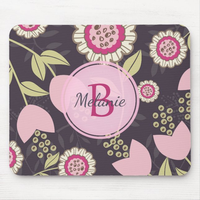 Modern Pink Floral Tulip Pattern Monogram Mouse Pad (Front)