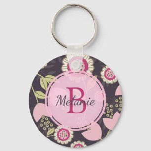 Modern Pink Floral Tulip Pattern Personalised Key Ring