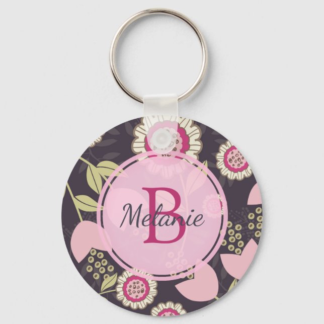 Modern Pink Floral Tulip Pattern Personalised Key Ring (Front)