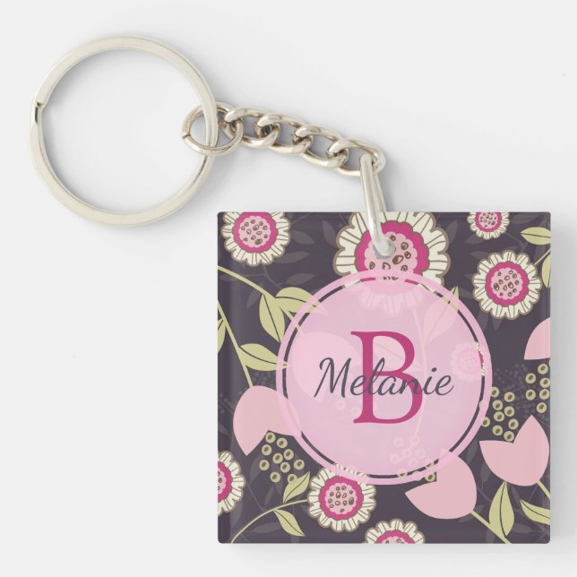 Modern Pink Floral Tulip Pattern Personalised Key Ring (Front)