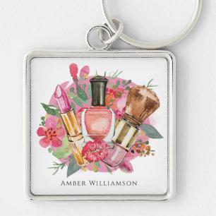 Modern Pink Floral Watercolor Beauty Makeup Artist Key Ring