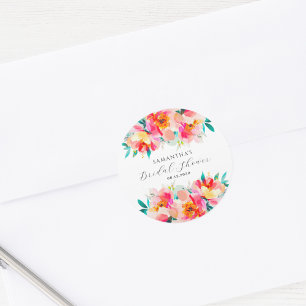 Modern Pink Floral Watercolor Bridal Shower Classic Round Sticker