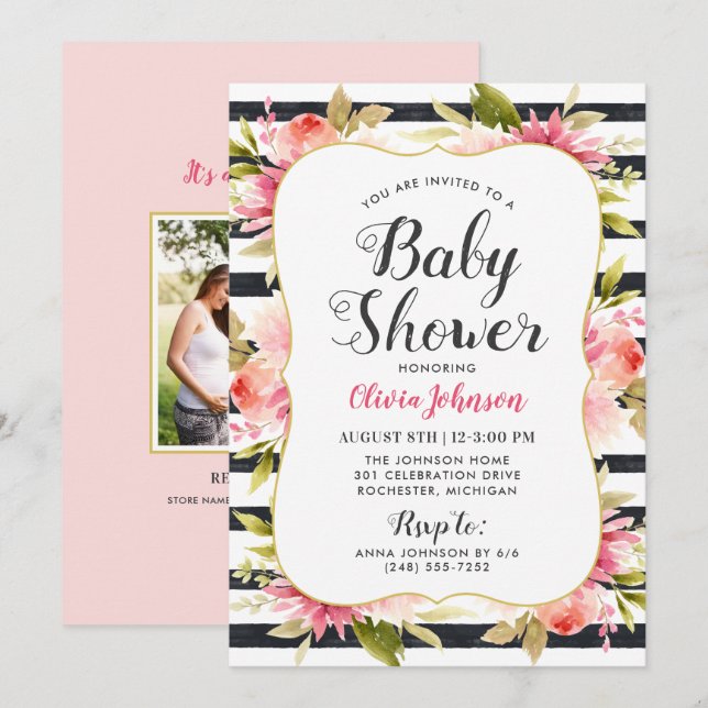Modern Pink Floral Watercolor Girl Baby Shower Invitation (Front/Back)