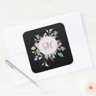 Modern Pink Floral Watercolor Monogram Elegant Square Sticker
