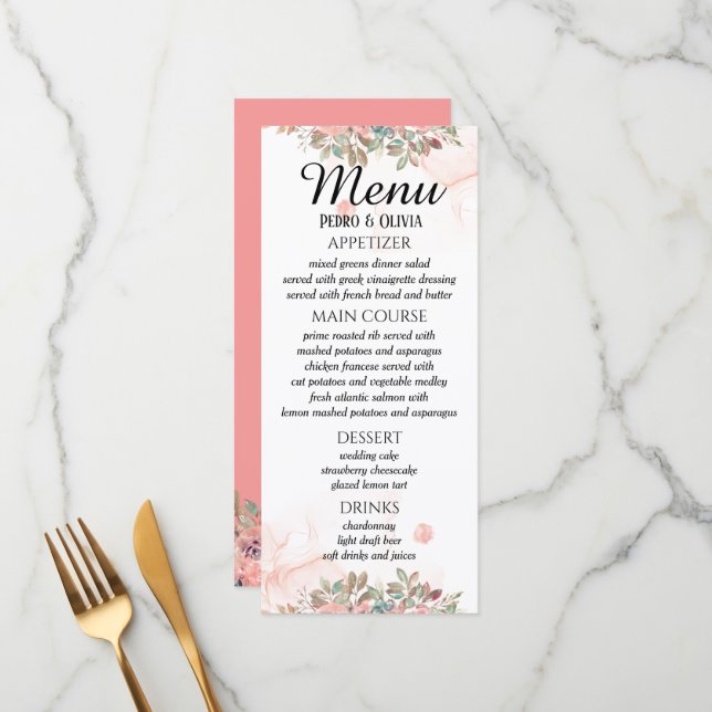 Modern pink floral wedding   menu (Front/Back In Situ)