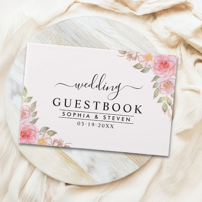 Modern Pink Floral Wedding Party with Golden Touch Guest Book (Creator Uploaded)