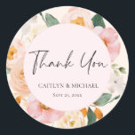 Modern Pink Floral Wedding Thank You Classic Round Sticker<br><div class="desc">This is a wedding thank you favour sticker.
The design features bohemian and pretty pink and peachy florals and matching soft blush and creamy background colours.
Easily update your details using the template provided. Please contact the designer for any questions regarding this design or for any matching products.</div>