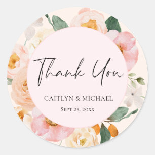 Modern Pink Floral Wedding Thank You Classic Round Sticker