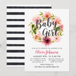 Modern Pink Floral Wreath Baby Girl Shower Invitation
