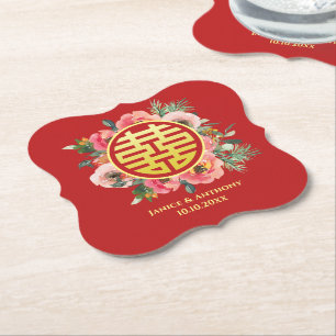 Modern pink floral wreath chinese wedding paper coaster