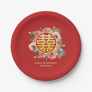 Modern pink floral wreath chinese wedding paper plate