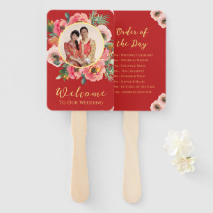 Modern pink floral wreath chinese wedding photo hand fan