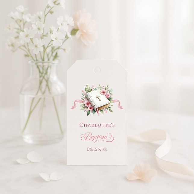 Modern Pink Flower Baptism  Gift Tags (Creator Uploaded)