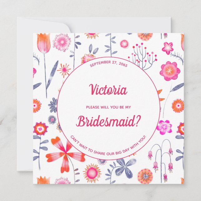 Modern Pink Flower Garden Be My Bridesmaid Invitation (Front)