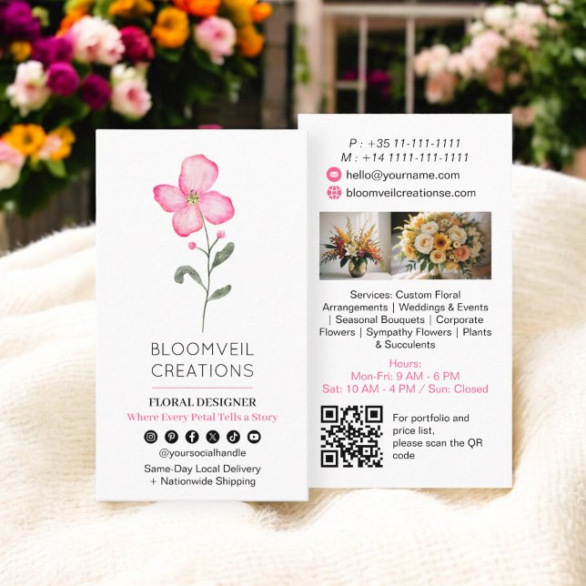 Modern pink flower stylish florist photos qr code business card (Modern pink flower stylish florist photos qr code business card)