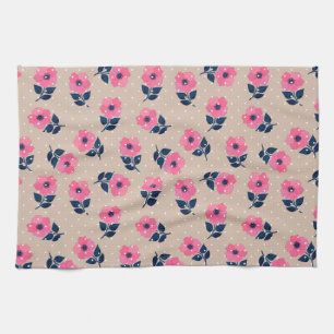 Modern Pink Flowers Beige Polka Dots Tea Towel