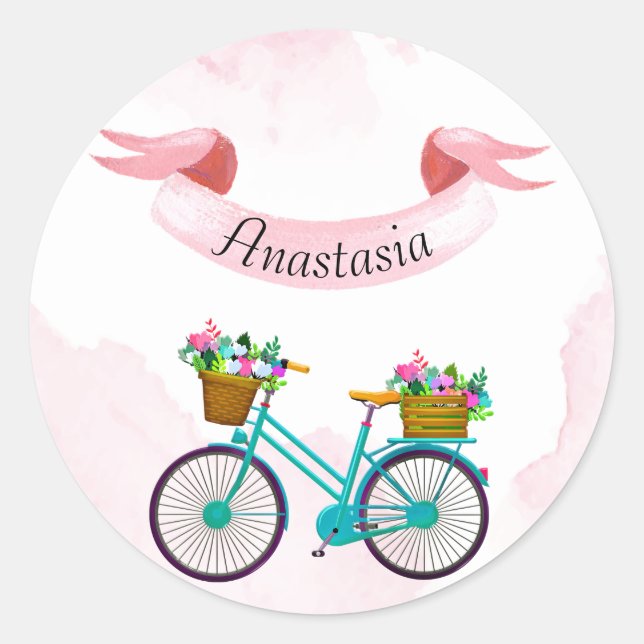 Modern Pink Flowers Bicycles Classic Round Sticker (Front)
