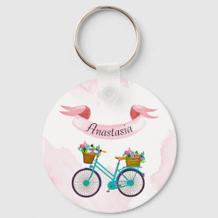 Modern Pink Flowers Bicycles Key Ring