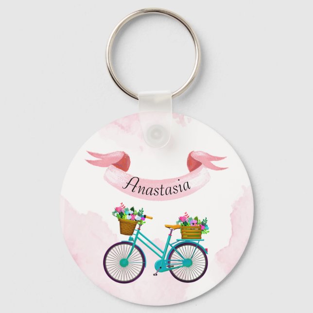 Modern Pink Flowers Bicycles Key Ring (Front)