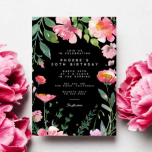 Modern Pink Flowers Black Garden Birthday Party Invitation
