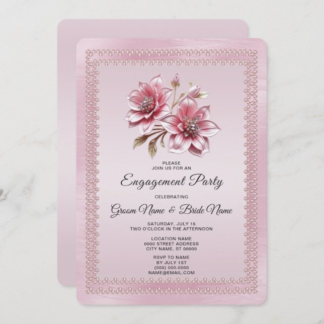 Modern Pink Flowers Engagement Invitation (Front/Back)