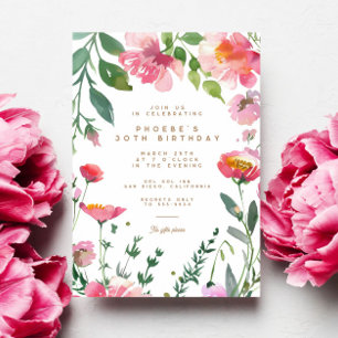 Modern Pink Flowers Gold Garden Birthday Party Invitation