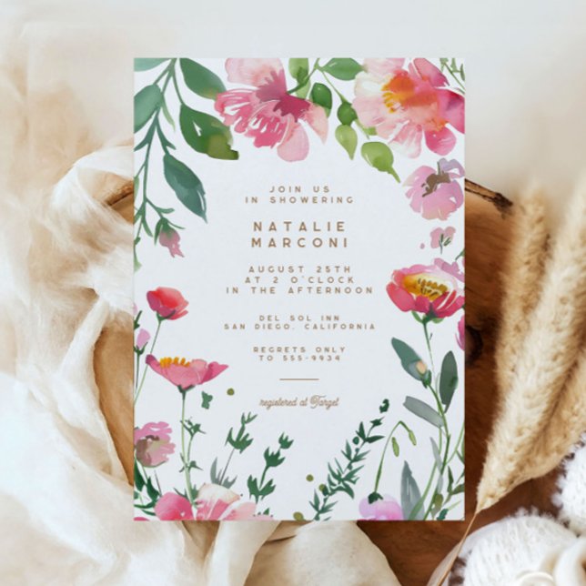 Modern Pink Flowers Gold Garden Girl Baby Shower Invitation (Creator Uploaded)