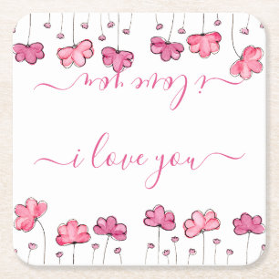 Modern Pink Flowers, I love you Square Paper Coaster