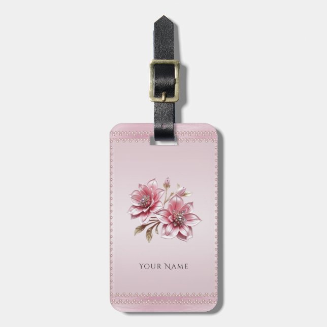 Modern Pink Flowers Luggage Tag (Front Vertical)