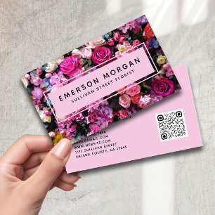 Modern Pink Flowers QR Code Florist Business Card