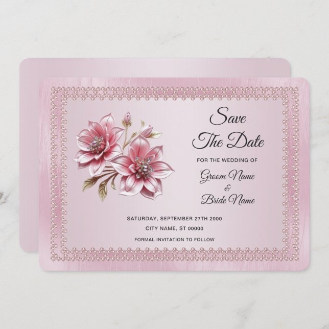 Modern Pink Flowers Save The Date Card (Front/Back)
