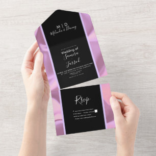 Modern Pink Foil Black Shiny Wedding All In One Invitation