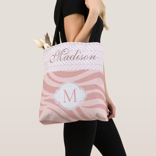 Modern Pink Geometric Zebra Trendy Monogram Tote Bag (Close Up)