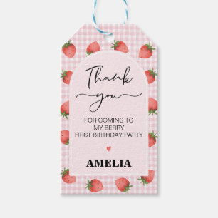 Modern Pink Gingham Berry Sweet 1st Birthday Gift Tags