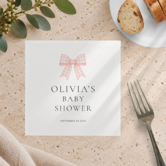 Modern Pink Gingham Bow Baby Shower Napkin