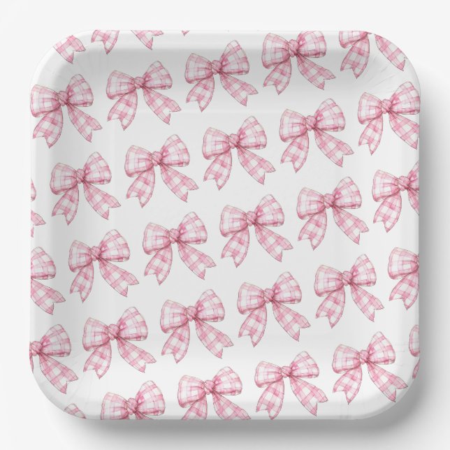 Modern Pink Gingham Bow Pattern Baby Shower Paper Plate (Front)