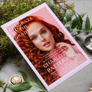 Modern Pink Gingham Photo Graduation Party Invitation