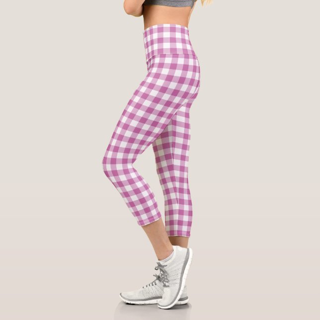 Modern Pink Gingham Plaid Pattern Capri Leggings (Left)