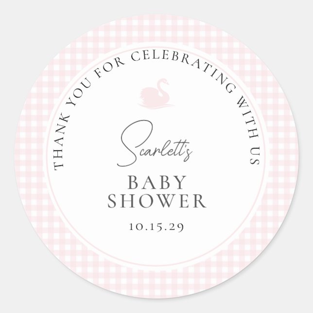 Modern Pink Gingham Swan Baby Shower Thank You  Classic Round Sticker (Front)
