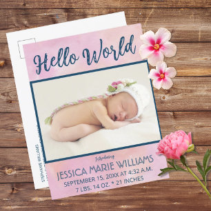 Modern Pink Girl Baby Announcement Photo Postcard