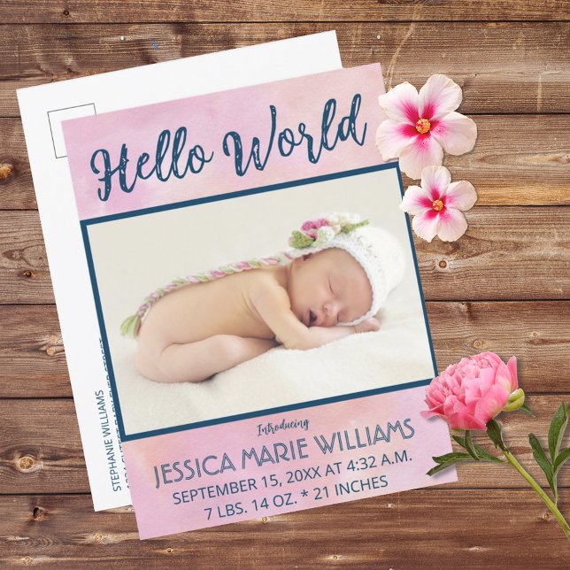 Modern Pink Girl Baby Announcement Photo Postcard (Modern Pink Girl Baby Announcement Photo Postcard)